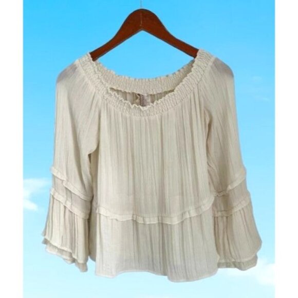 Boho Off-Shoulder Smocked Blouse With Tiered Ruffle Sleeves Ivory White - Picture 2 of 8
